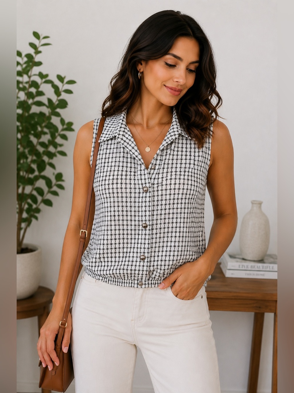 Ember Black White Blouse Geometrical Work Office Size M